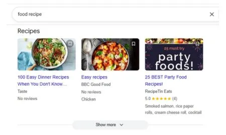 food receipt google search seo schema markup snippets